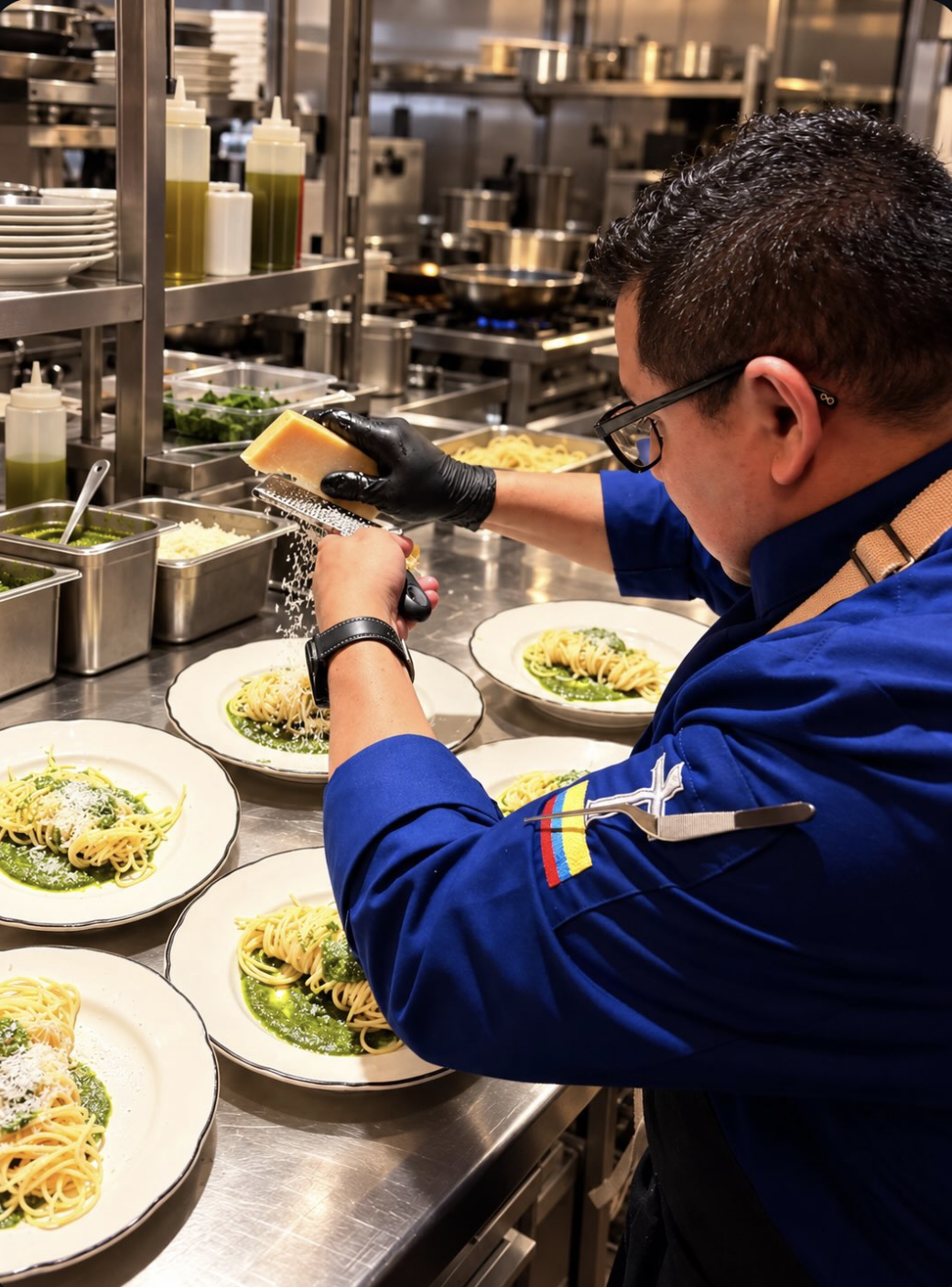 At prep table - Chef Henry Rivera finishing plated pasta dishes